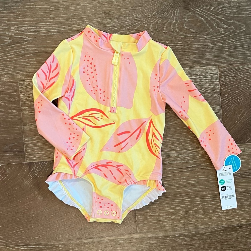 🌸 Carter's Baby Girl Ruffles Lemon Pink Yellow Rashguard Swimsuit Size 12 Months